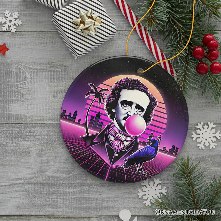 Synthwave 80's Styled Edgar Allan Poe Horror Ornament, Vaperwave Classic Retro Neon Halloween Gift and Decor