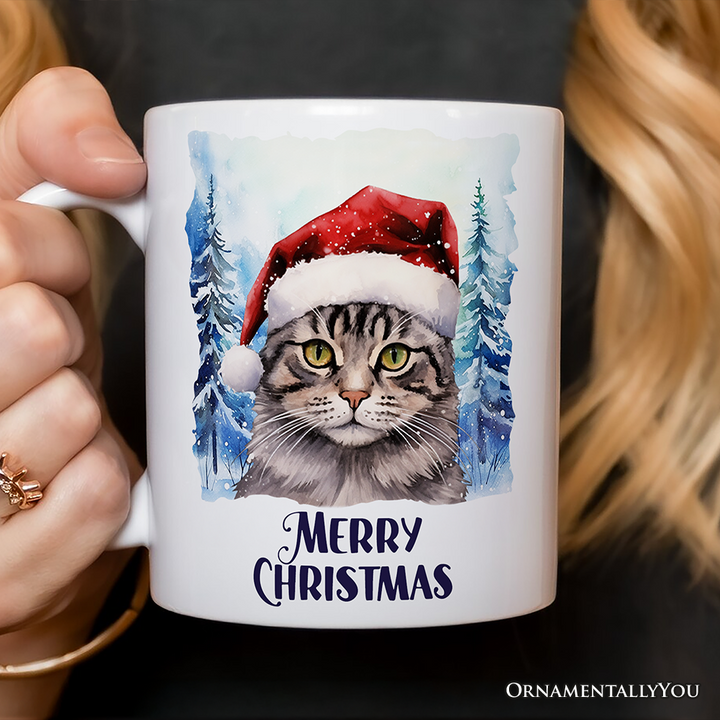 Tabby Cat with Santa Hat Personalized Mug, Winter Forest Christmas Gift With Custom Name and Date