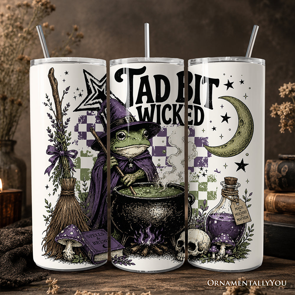 Tad Bit Wicked Frog Witch 20oz Personalized Tumbler With Lid and Stainless Steel Straw, Spooky Halloween Cauldron Gift Cup