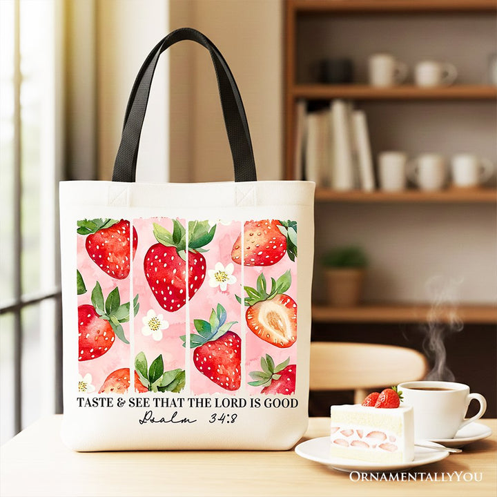 Taste and See That The Lord is Good Strawberry Canvas Tote Bag, Christian Faith Gift Shopper Tote Bag OrnamentallyYou Black Handle 