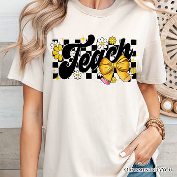 Teach Checkered Coquette Bow T-Shirt, White and Natural Retro Tee for Trendy Teachers T-Shirts OrnamentallyYou 