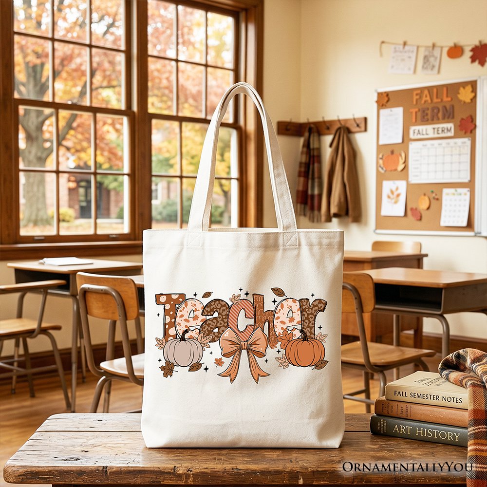 Teacher Coquette Autumn Tote Bag, Cozy Fall Pumpkin Gift Shopper for Educators Tote Bag OrnamentallyYou White 