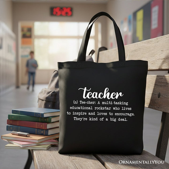 Teacher Definition Canvas Tote Bag, Inspirational Quote Gift Shopper for Educators Tote Bag OrnamentallyYou Black 