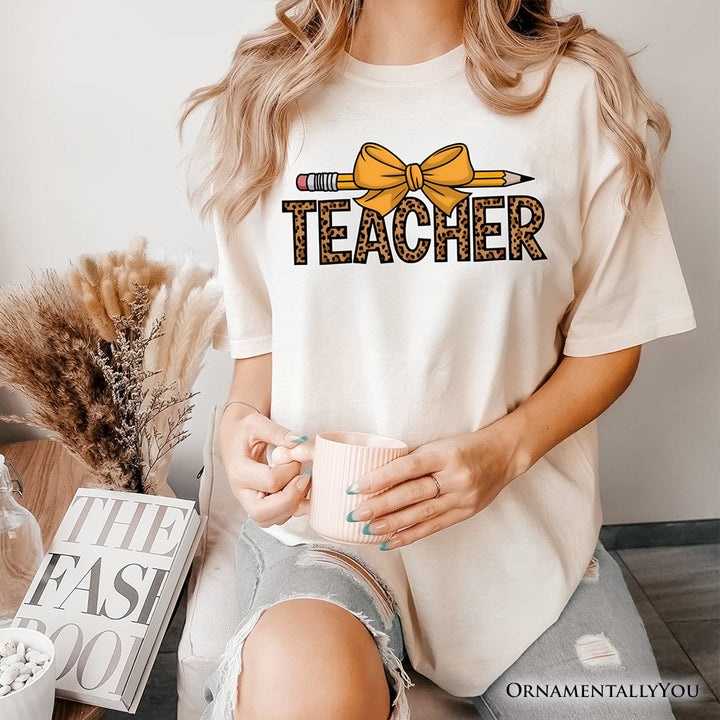 Teacher Leopard Pencil T-Shirt, Coquette Bow Retro Classroom Tee for Educators T-Shirts OrnamentallyYou 