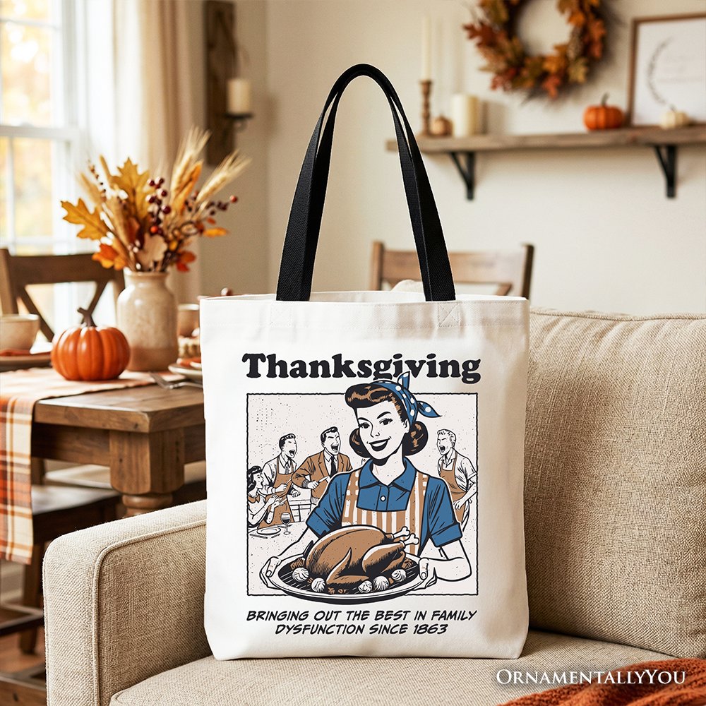 Thanksgiving Family Dysfunction Retro Tote Bag, Funny Holiday Humor Gift Shopper for Sarcastic Families Tote Bag OrnamentallyYou Black Handle 