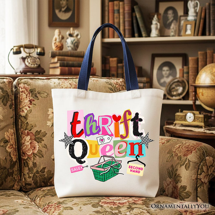 Thrift Queen Tote Bag, Colorful Second Hand Shopping Gift Shopper Tote Bag OrnamentallyYou Navy Handle 