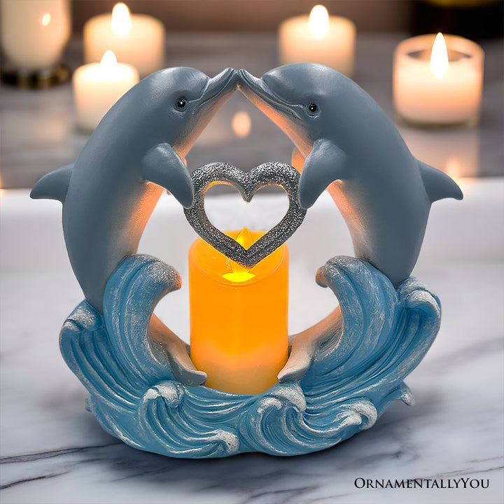 Tides of Affection Dolphin Figurine and Tealight Candle, 7" Romantic Tabletop Valentine or Anniversary Gift Resin Statues OrnamentallyYou 