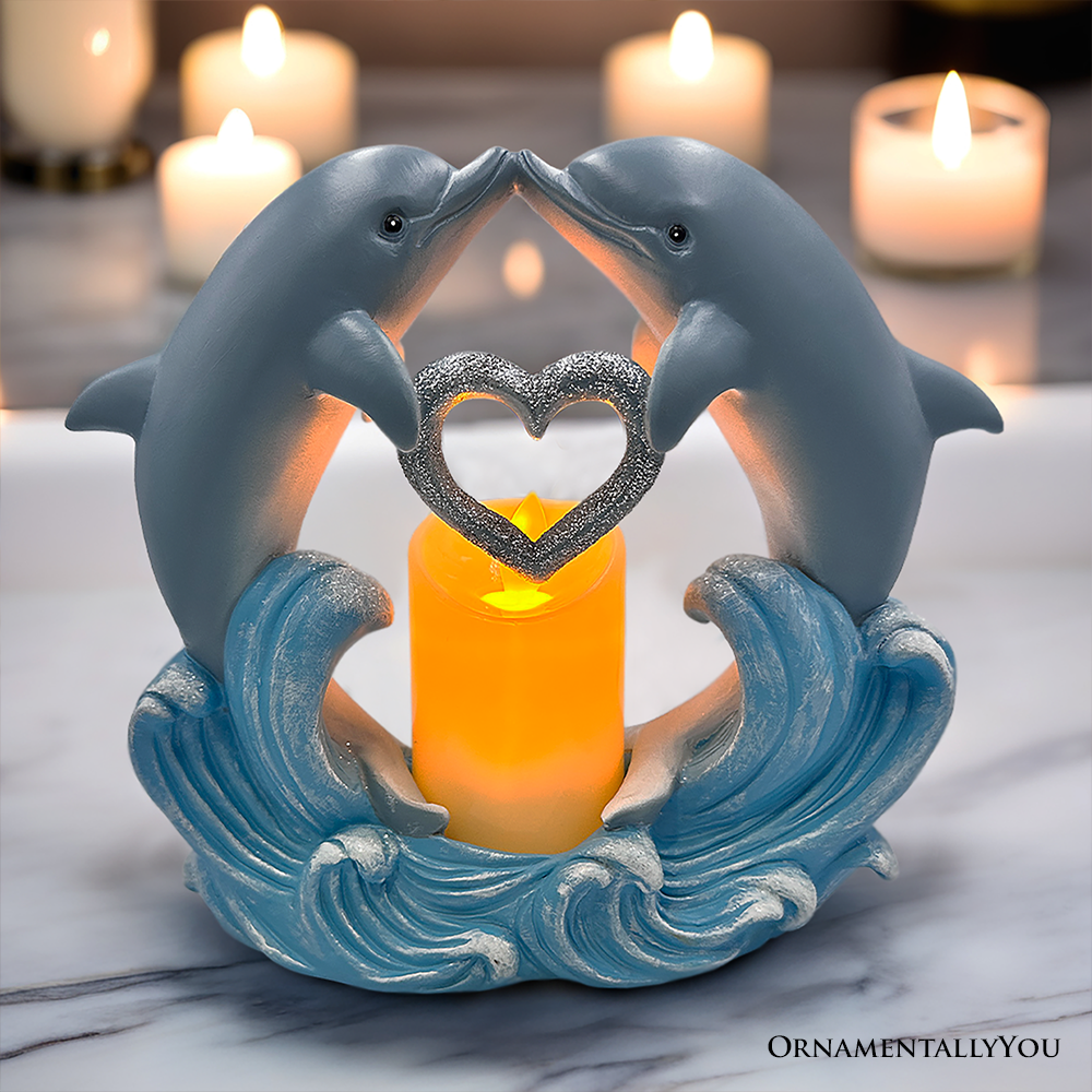 Tides of Affection Dolphin Figurine and Tealight Candle, 7" Romantic Tabletop Valentine or Anniversary Gift