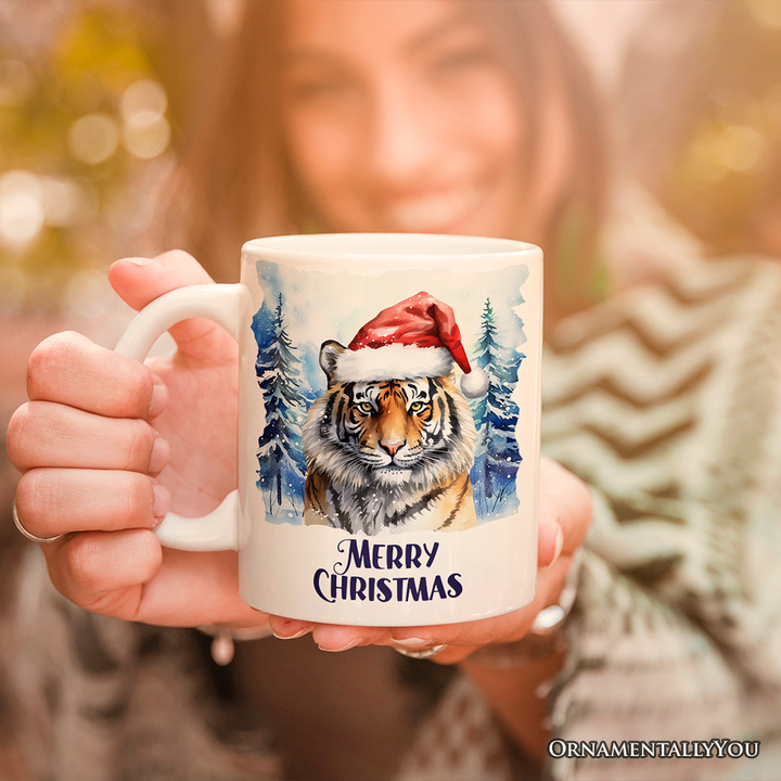 Tiger with Santa Hat Personalized Mug, Winter Forest Christmas Gift With Custom Name and Date