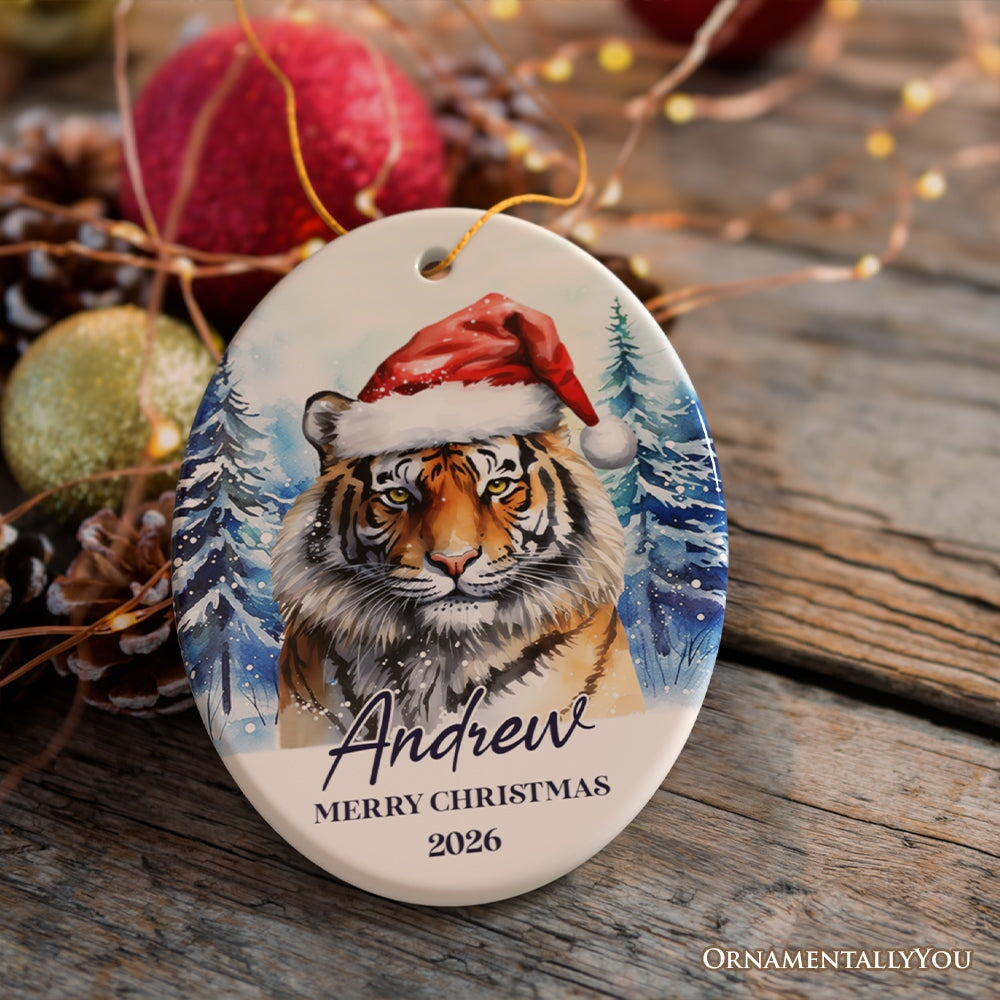 Tiger with Santa Hat Personalized Ornament, Winter Forest Christmas Gift With Custom Name and Date Ceramic Ornament OrnamentallyYou Oval 