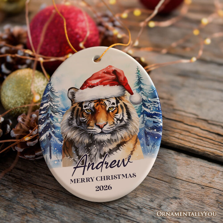 Tiger with Santa Hat Personalized Ornament, Winter Forest Christmas Gift With Custom Name and Date Ceramic Ornament OrnamentallyYou Oval 