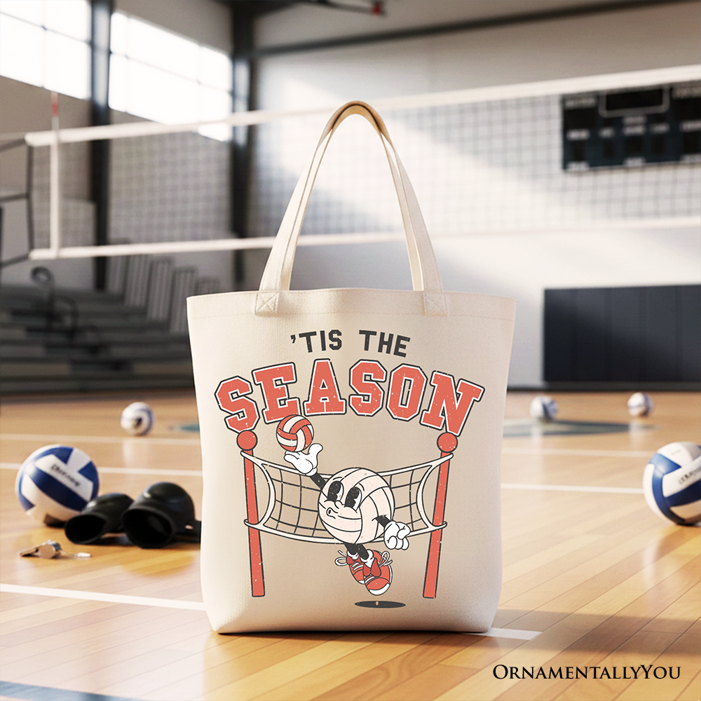 Tis the Season Volleyball Canvas Tote Bag, Retro Game Day Lightweight Sports Gift Bag