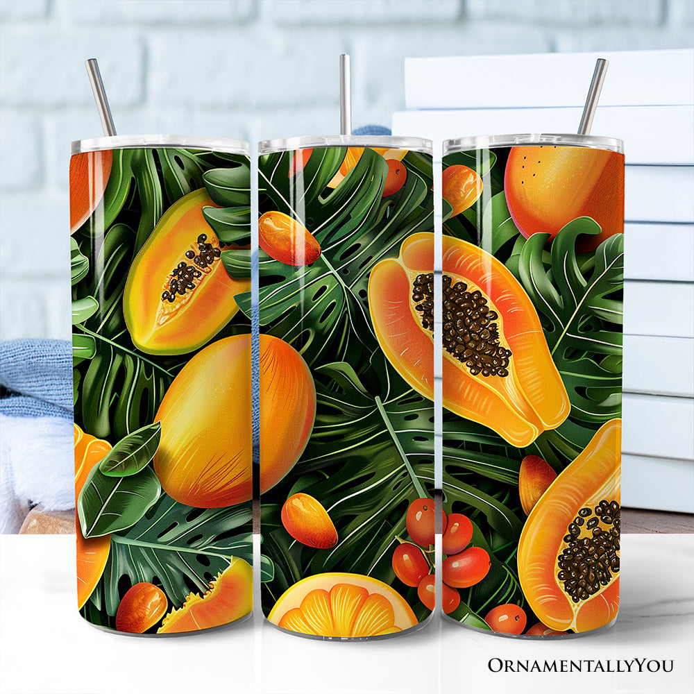 Tropical Papaya, Mango and Citrus 20oz Personalized Tumbler With Lid and Stainless Steel Straw, Exotic Summer Fruit Gift Cup