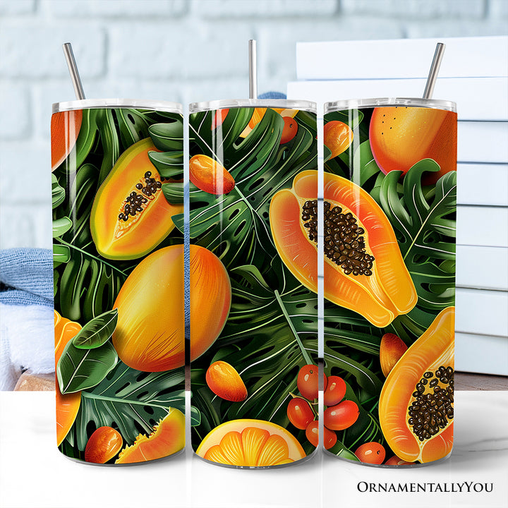 Tropical Papaya, Mango and Citrus 20oz Personalized Tumbler With Lid and Stainless Steel Straw, Exotic Summer Fruit Gift Cup