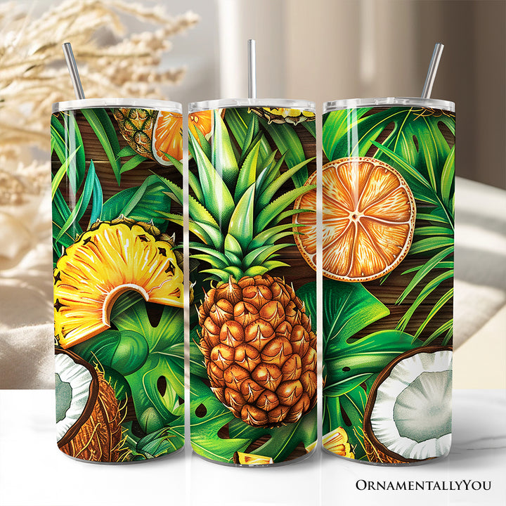 Tropical Pineapple, Citrus and Coconut 20oz Personalized Tumbler With Lid and Stainless Steel Straw, Exotic Summer Fruit Gift Cup
