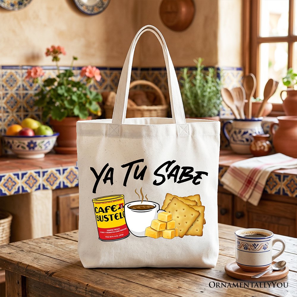 Tu Sabe Café Queso and Galleta Tote Bag, Funny Latin Coffee Gift Shopper For Caffeine Lover Tote Bag OrnamentallyYou White 