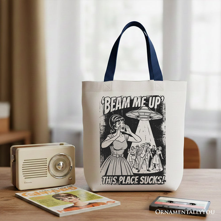 UFO Meme Beam Me Up This Place Sucks Canvas Tote Bag, Cynical Woman Alien Abduction Retro Comic Gift Shopper Tote Bag OrnamentallyYou Navy Handle 