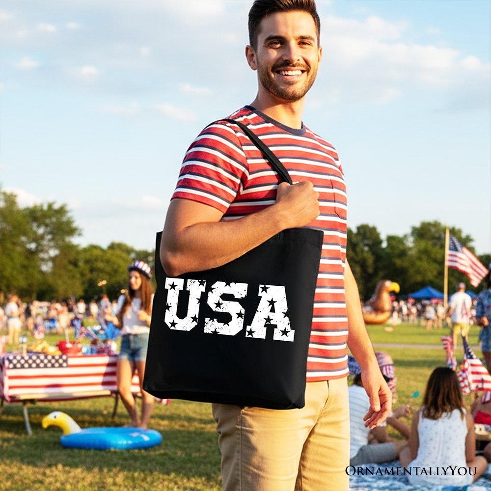 USA Block Letters Tote Bag, Vintage Patriotic Gift Shopper for Independence Day Tote Bag OrnamentallyYou 