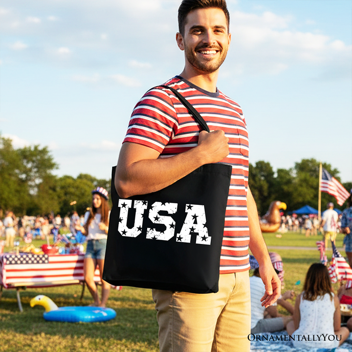 USA Block Letters Tote Bag, Vintage Patriotic Gift Shopper for Independence Day