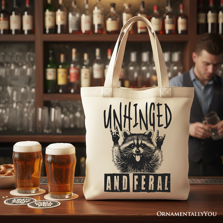 Unhinged and Feral Raccoon Canvas Tote Bag, Funny Rock Hands Gift Shopper for Wild People