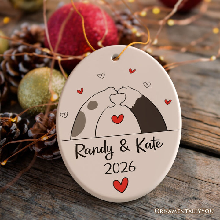 Valentine Cat Paw Heart Personalized Ornament, Cat Lover Custom Name Gift Ceramic Ornament OrnamentallyYou Oval 