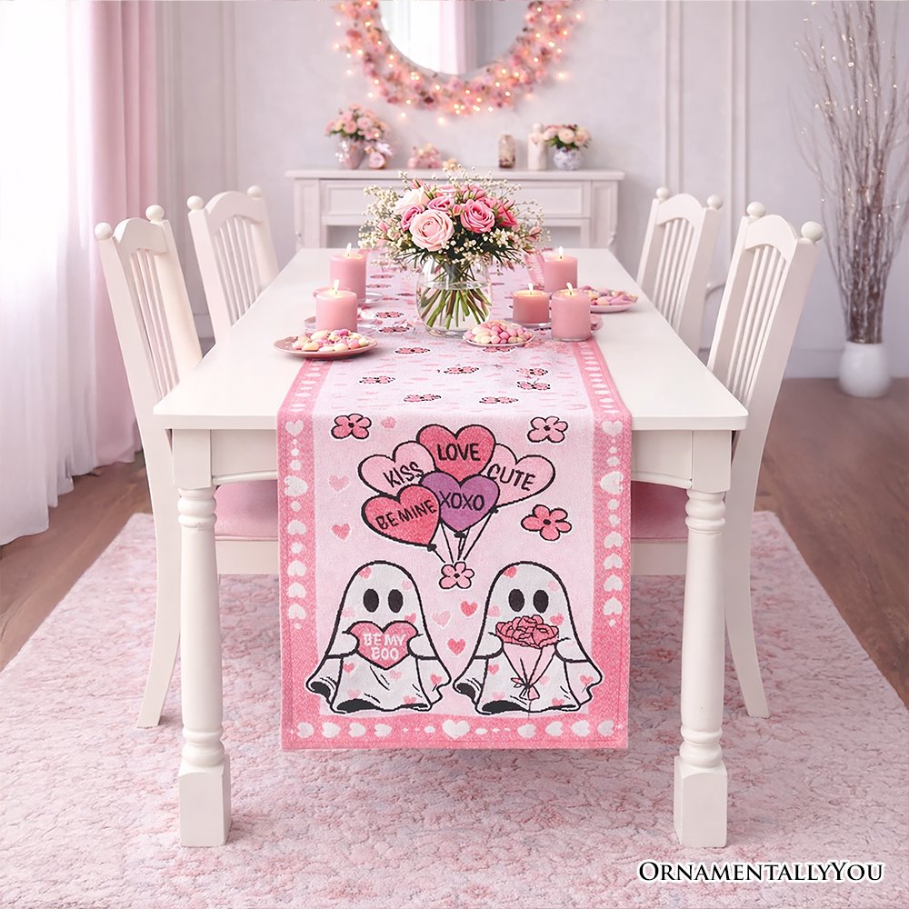 Valentine Ghost 72" Jacquard Table Runner, High Quality Holiday Rectangle Tablecloth with Cute Lovers Table Runner OrnamentallyYou 