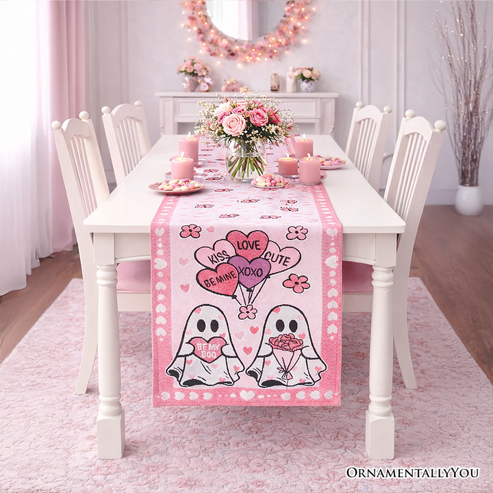 Valentine Ghost 72" Jacquard Table Runner, High Quality Holiday Rectangle Tablecloth with Cute Lovers