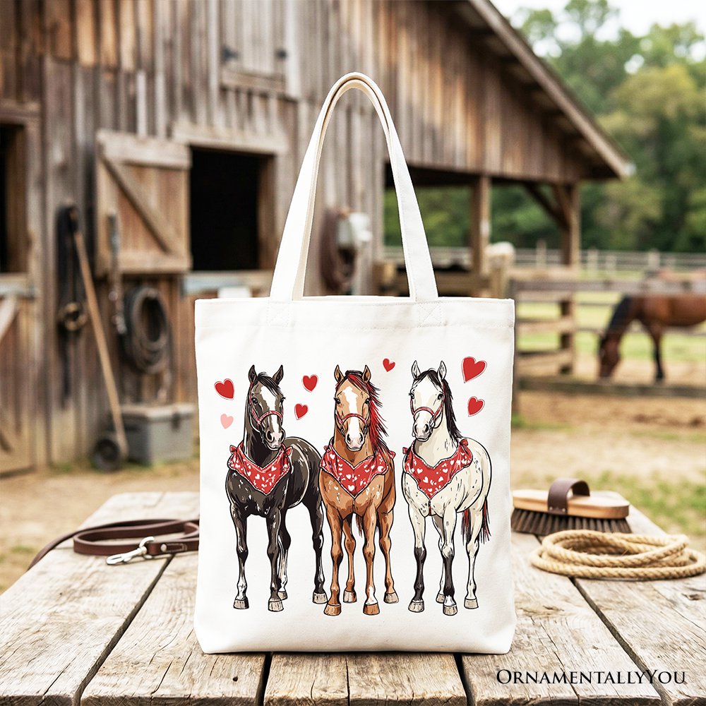 Valentine Horses Western Tote Bag, Cute Country Lover Gift Shopper Tote Bag OrnamentallyYou White 