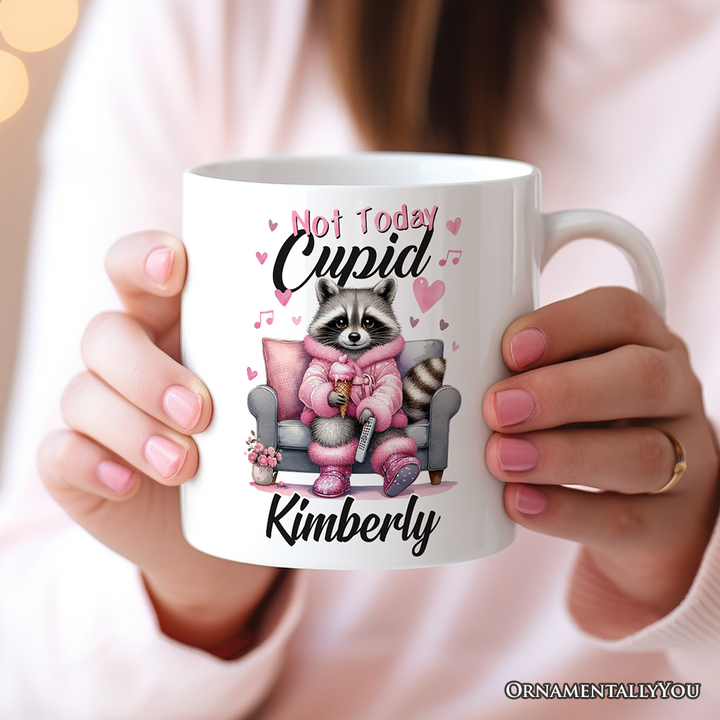 Valentines Snarky Racoon Personalized Mug, Not Today Cupid, Sarcastic Funny Racoon Lover Gift With Custom Name