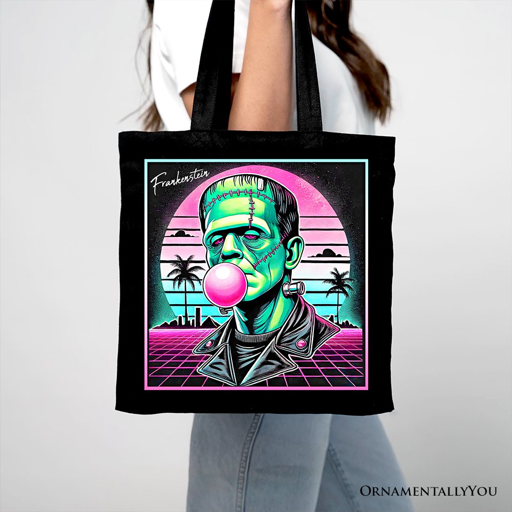 Vaperwave Frankenstein Retro Neon Horror Canvas Tote Bag, Synthwave 80's Styled Classic Halloween Gift Tote Bag OrnamentallyYou 