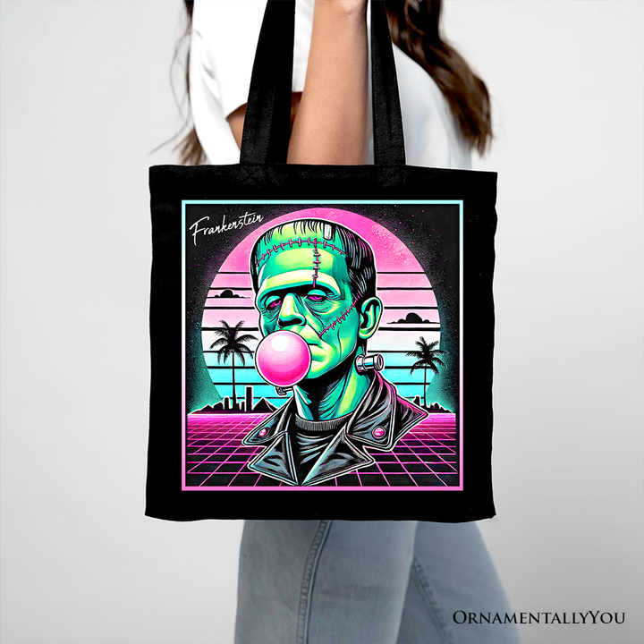 Vaperwave Frankenstein Retro Neon Horror Canvas Tote Bag, Synthwave 80's Styled Classic Halloween Gift