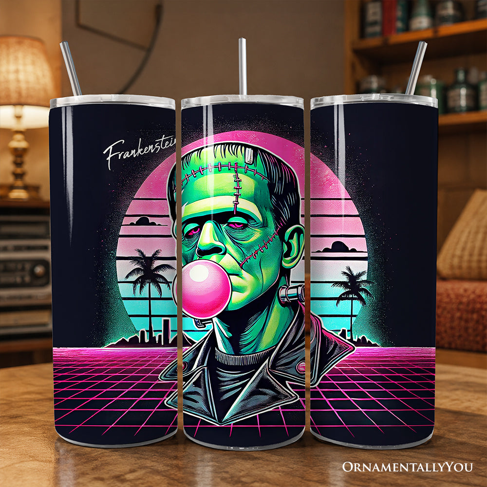 Vaporwave Frankenstein Retro Neon Horror 20oz Personalized Tumbler With Lid and Stainless Steel Straw, Synthwave 80's Styled Classic Halloween Gift Cup