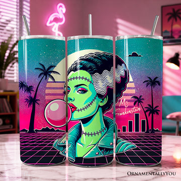 Vaporwave Mrs Frankenstein Retro Neon Horror 20oz Personalized Tumbler With Lid and Stainless Steel Straw, Synthwave 80's Styled Classic Halloween Gift Cup