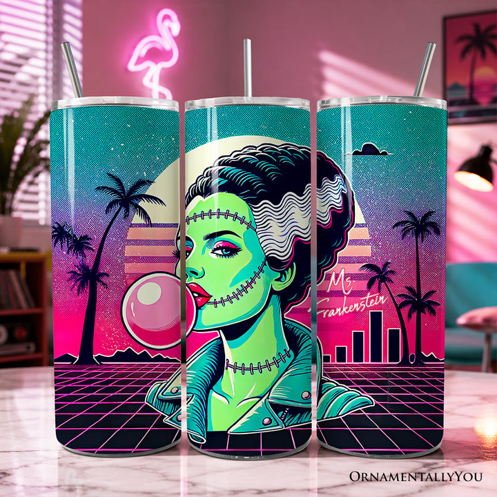 Vaporwave Mrs Frankenstein Retro Neon Horror 20oz Personalized Tumbler With Lid and Stainless Steel Straw, Synthwave 80's Styled Classic Halloween Gift Cup