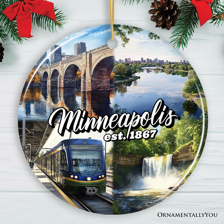 Vibrant Minneapolis Cultural Ornament, Minnesota Twin Cities Urban Heritage Christmas Souvenir Ceramic Ornament OrnamentallyYou Circle Version 1 
