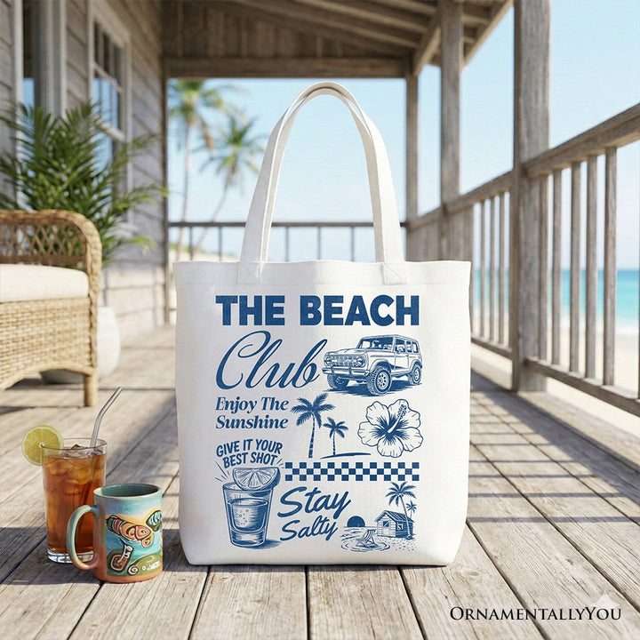 Vintage Coastal Summer Vacation Tote Bag, The Beach Club Stay Salty Gift Shopper Tote Bag OrnamentallyYou White 