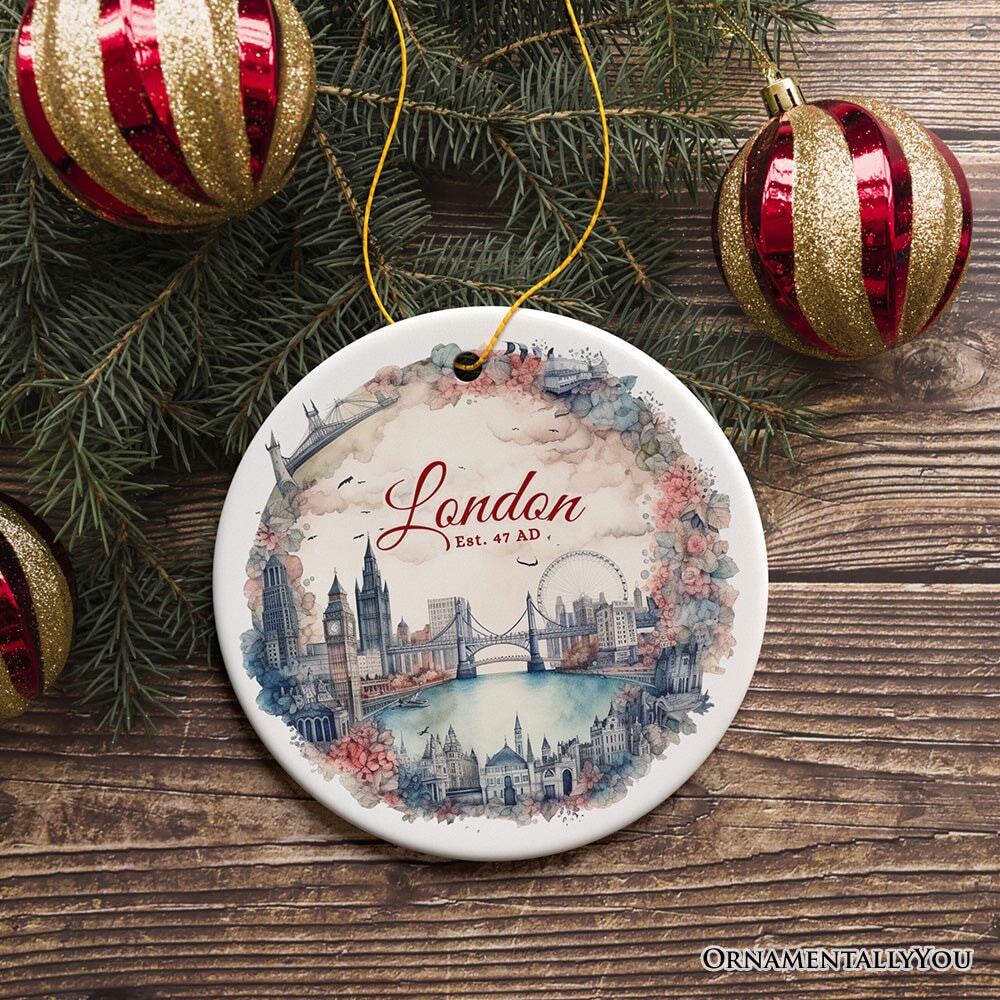 Vintage London Watercolor Style Painting Ceramic Ornament, Floral Victorian Style European Gift Ceramic Ornament OrnamentallyYou 