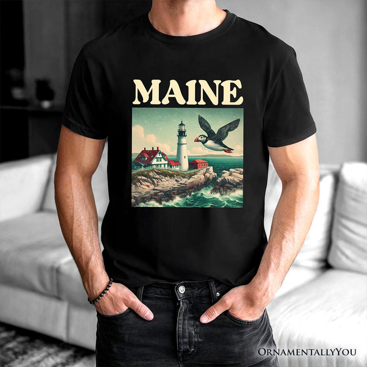 Vintage Maine State Lighthouse and Puffin T-Shirt, New England Coastal Tee and Seaside Souvenir T-Shirts OrnamentallyYou 