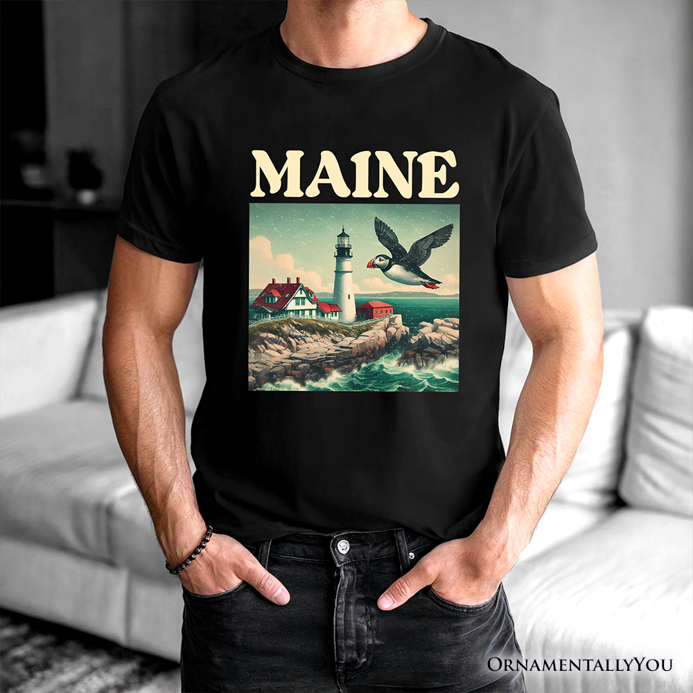Vintage Maine State Lighthouse and Puffin T-Shirt, New England Coastal Tee and Seaside Souvenir