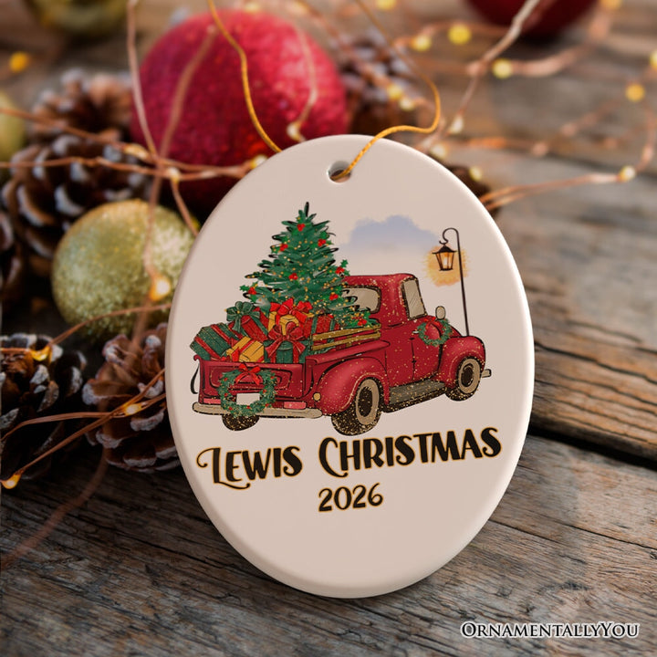 Vintage Red Truck Personalized Ornament, Christmas Keepsake Family Gift Ceramic Ornament OrnamentallyYou Oval 
