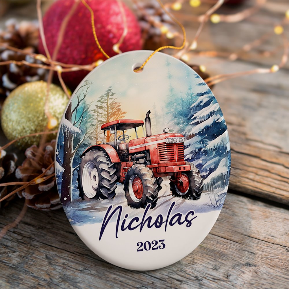 Vintage Tractor Personalized Ornament, Pristine Snowy Serenity Christmas Gift With Custom Name and Date Ceramic Ornament OrnamentallyYou Oval 