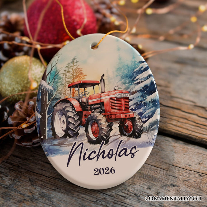 Vintage Tractor Personalized Ornament, Pristine Snowy Serenity Christmas Gift With Custom Name and Date Ceramic Ornament OrnamentallyYou Oval 