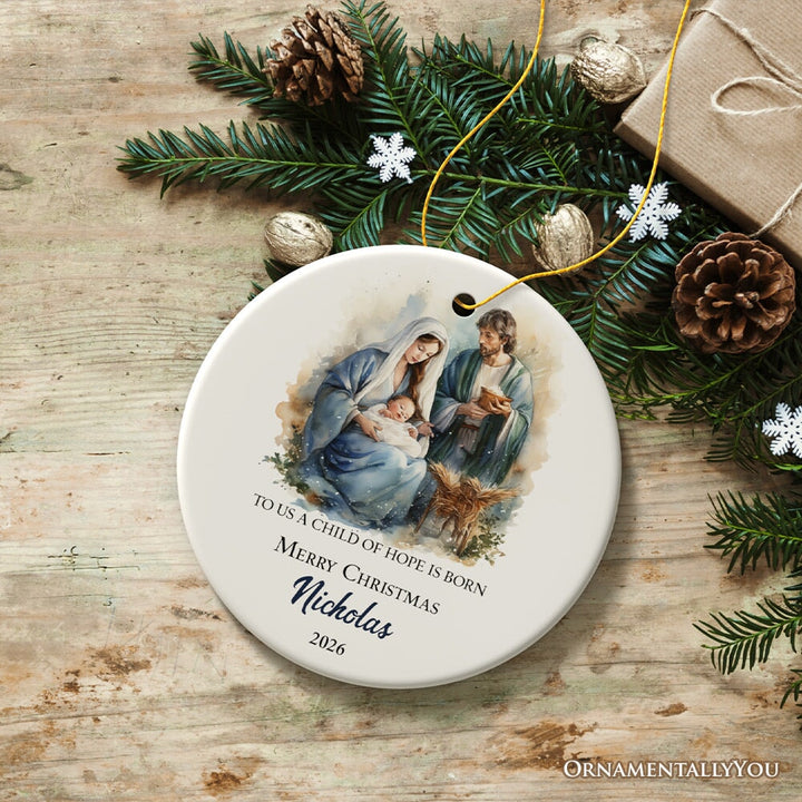 Watercolor Christmas Nativity Scene Personalized Ornament, Christian Holiday Gift Ceramic Ornament OrnamentallyYou Circle 