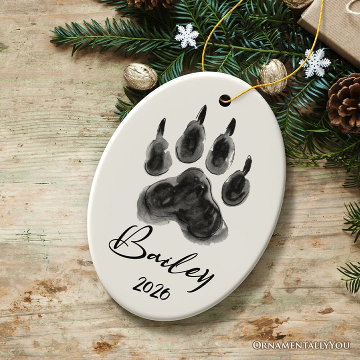 Watercolor Dog Paw Personalized Ornament With Custom Name Gift Ceramic Ornament OrnamentallyYou Oval 