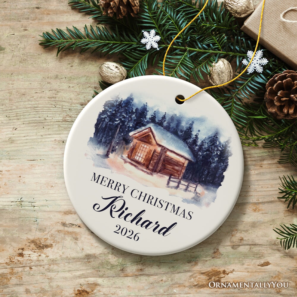Watercolor Personalized Family Christmas Ornament, Home In The Woods Landscape Ceramic Ornament OrnamentallyYou 
