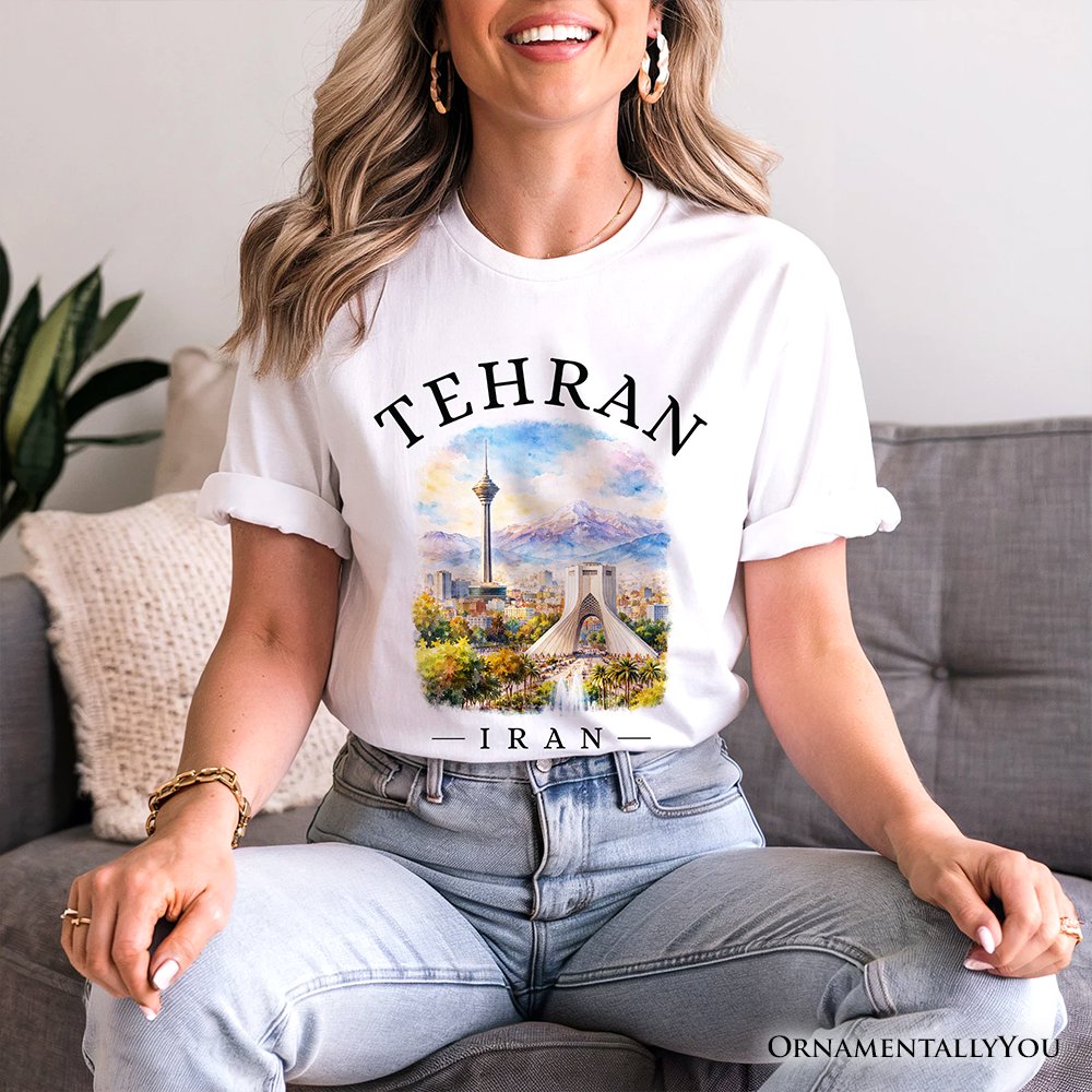 Watercolor Tehran Cityscape T-Shirt, Iran Landmarks Azadi and Milad Tower Tee T-Shirts OrnamentallyYou 