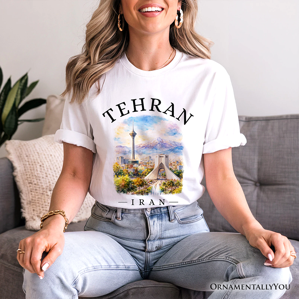 Watercolor Tehran Cityscape T-Shirt, Iran Landmarks Azadi and Milad Tower Tee