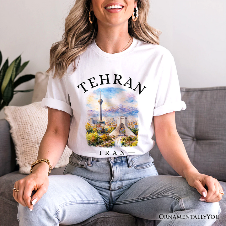 Watercolor Tehran Cityscape T-Shirt, Iran Landmarks Azadi and Milad Tower Tee