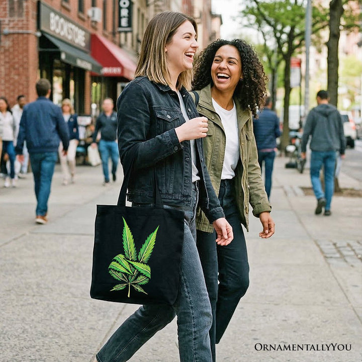 Weed Leaf Peace Sign Tote Bag, Funny 420 Stoner Gift Shopper Tote Bag OrnamentallyYou 