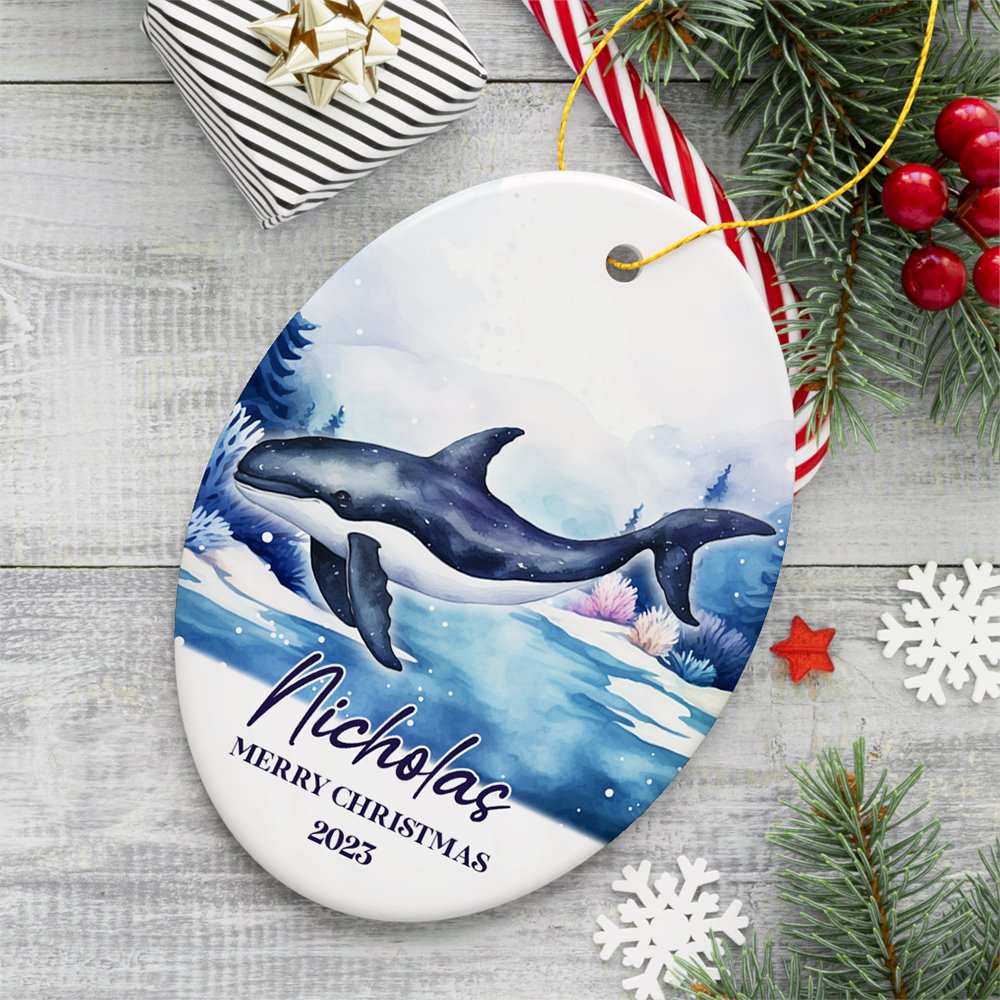 Whale Personalized Ornament, Festive Christmas Gift With Custom Name and Date Ceramic Ornament OrnamentallyYou Oval 